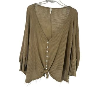 Waffle Knit Top Green Oversized Relaxed Fit Knot Front V Neck Size S MTS Brand